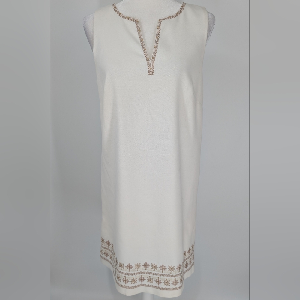Sigrid Olsen Signature White Brown Embroidered Sleeveless V-Neck Mini Dress 8